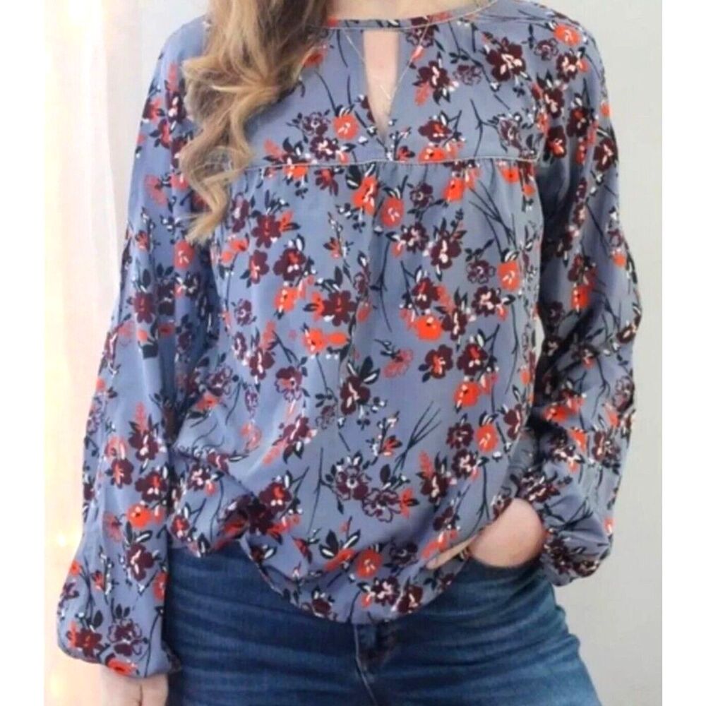 3 for $15 Abercrombie & Fitch Floral Blue Gray Long Sleeve Boho Blouse Size XS